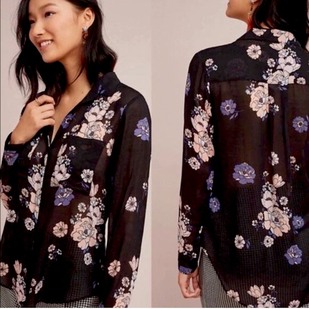 Anthropologie Black and Purple Floral Button Down Shirt
